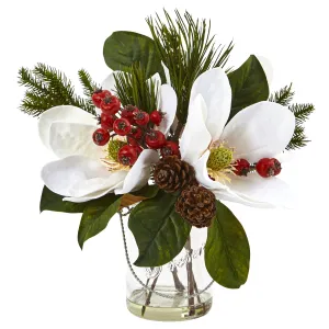 12" Magnolia Pine and Berry in Glass Vase
