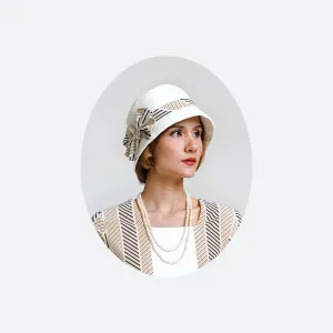 1920s cloche hat with off-white cotton and cotton print ribbon in yellow
