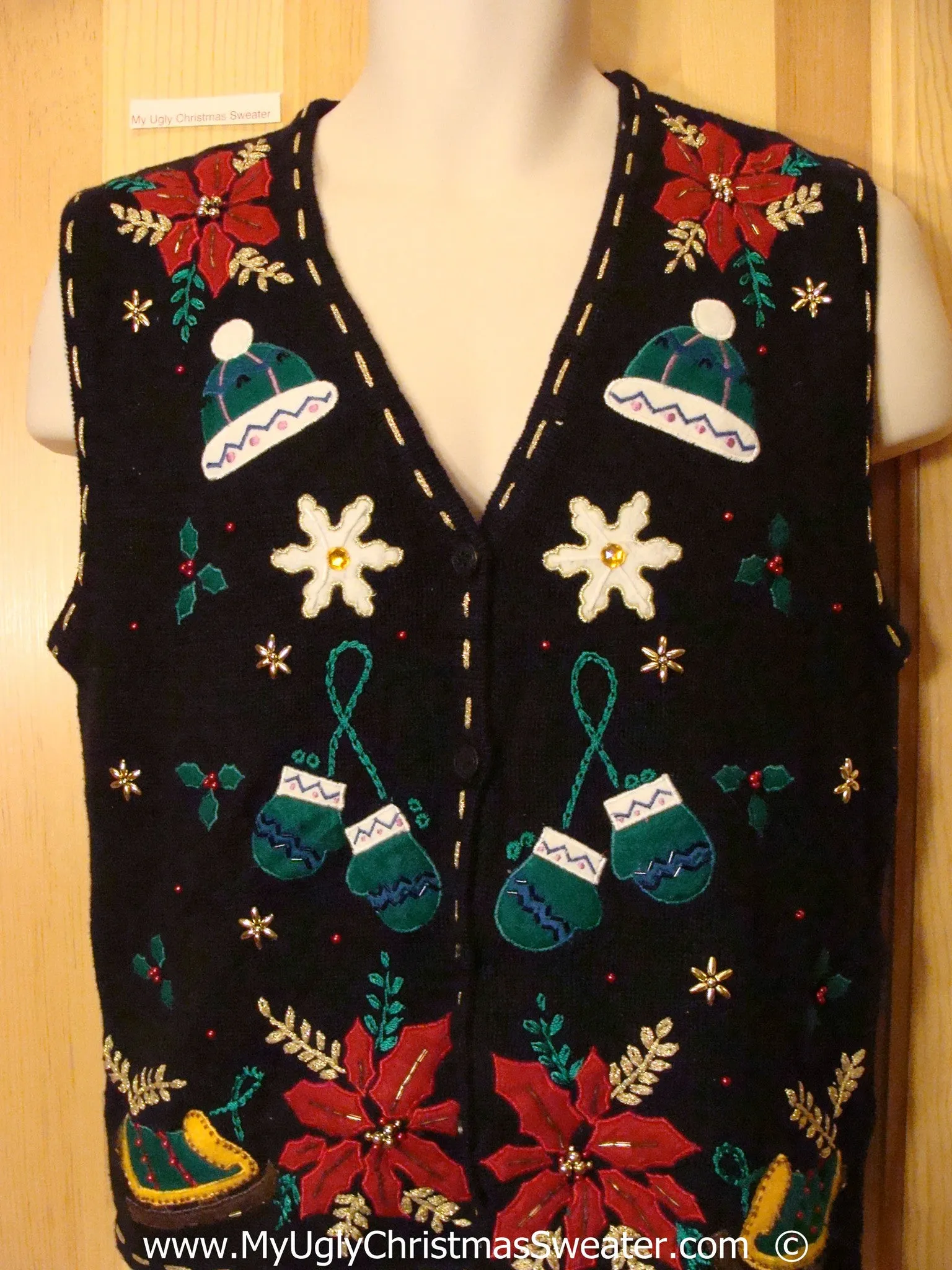 Black Festive Christmas Sweater Vest with Mittens