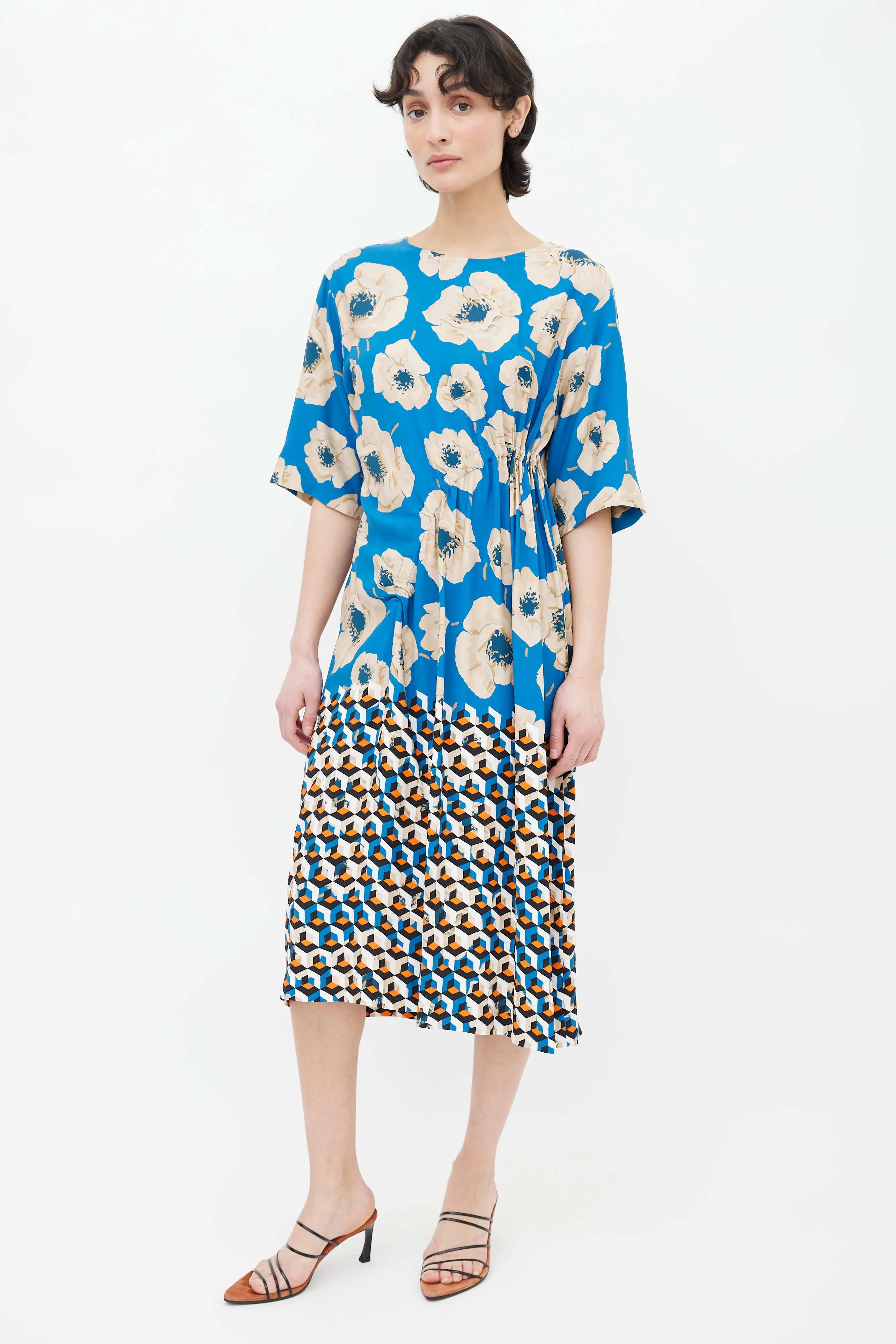 Blue, Beige & Orange Printed Floral Geometric Pattern Midi Dress