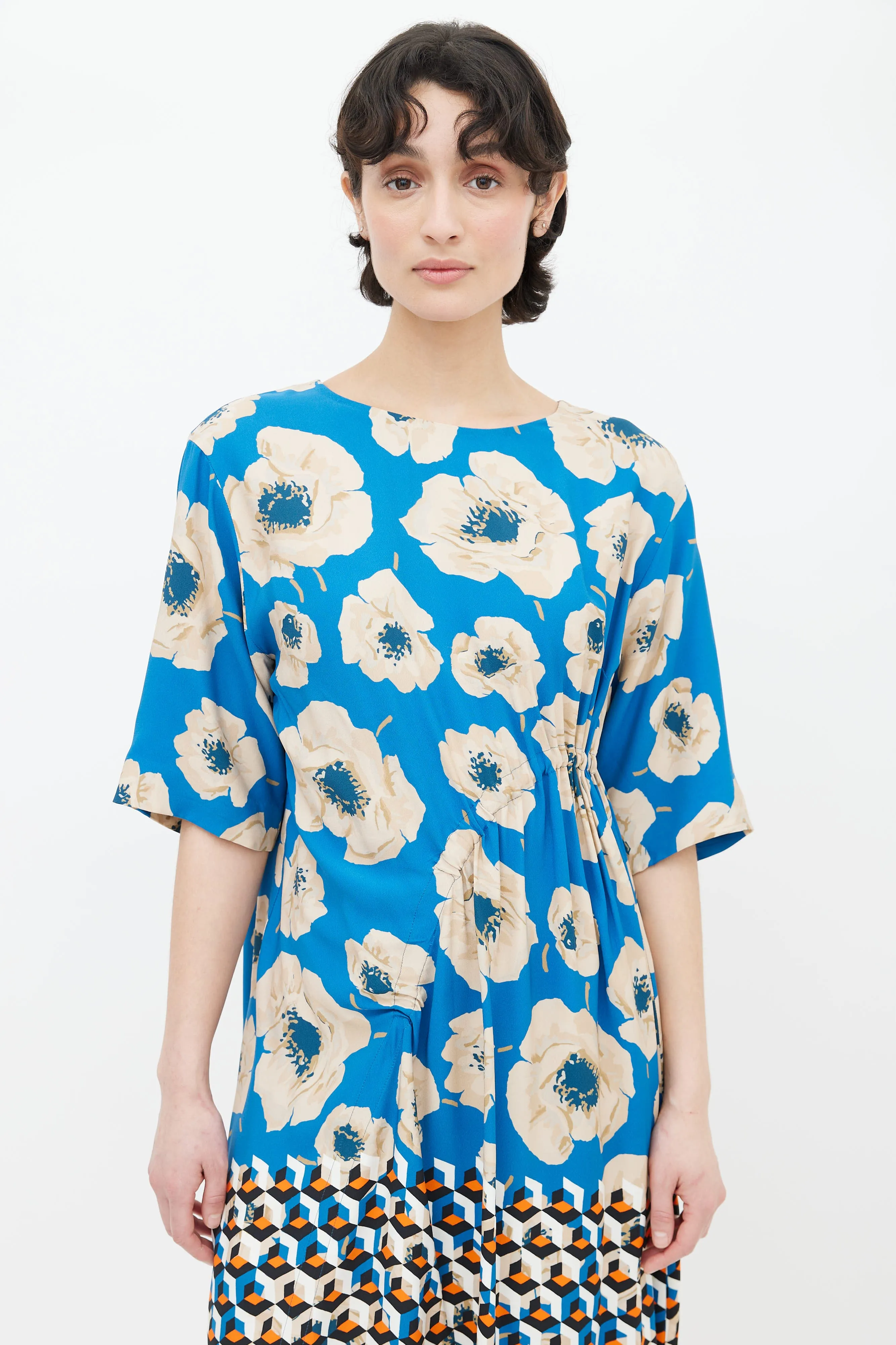 Blue, Beige & Orange Printed Floral Geometric Pattern Midi Dress