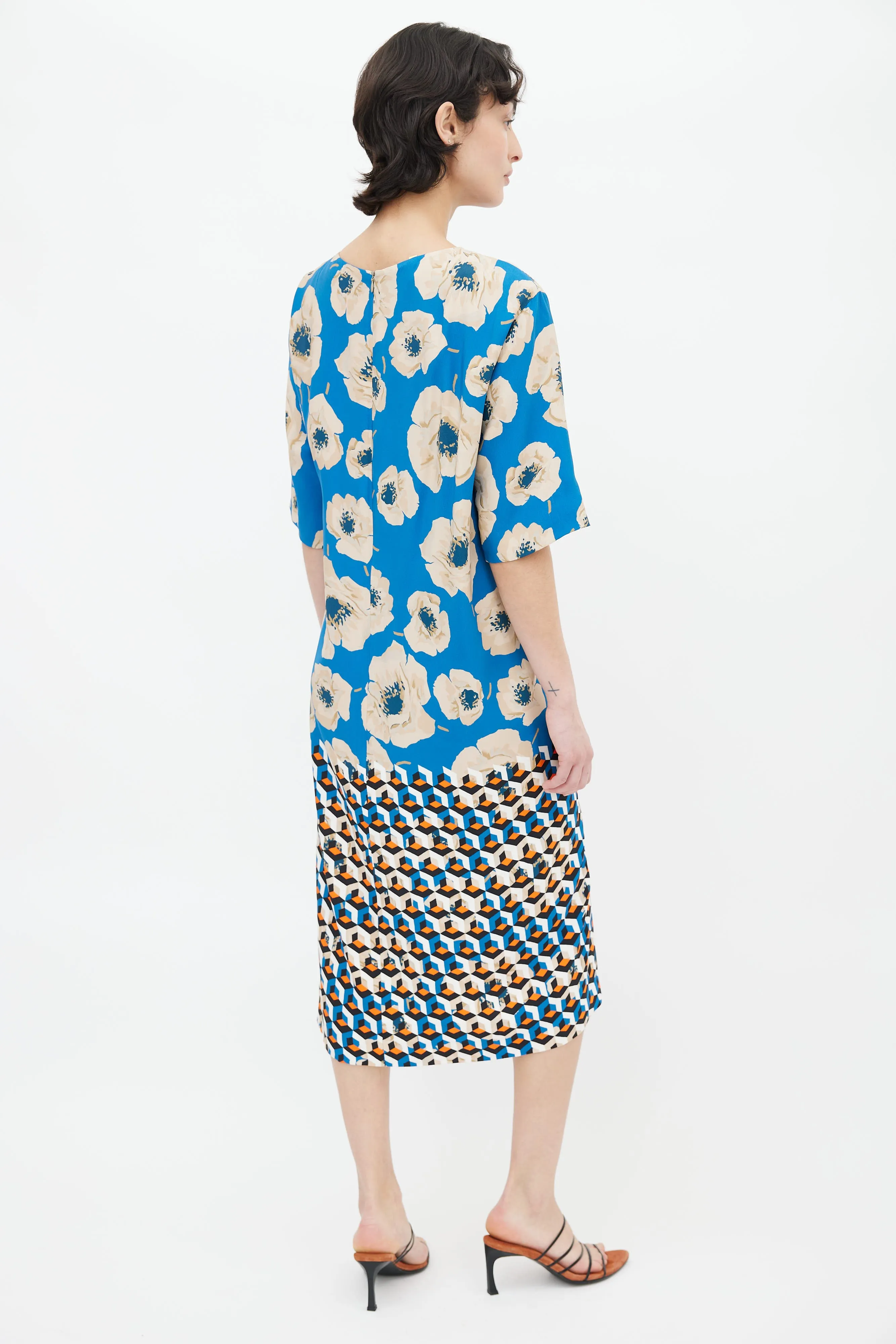 Blue, Beige & Orange Printed Floral Geometric Pattern Midi Dress