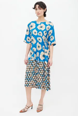 Blue, Beige & Orange Printed Floral Geometric Pattern Midi Dress