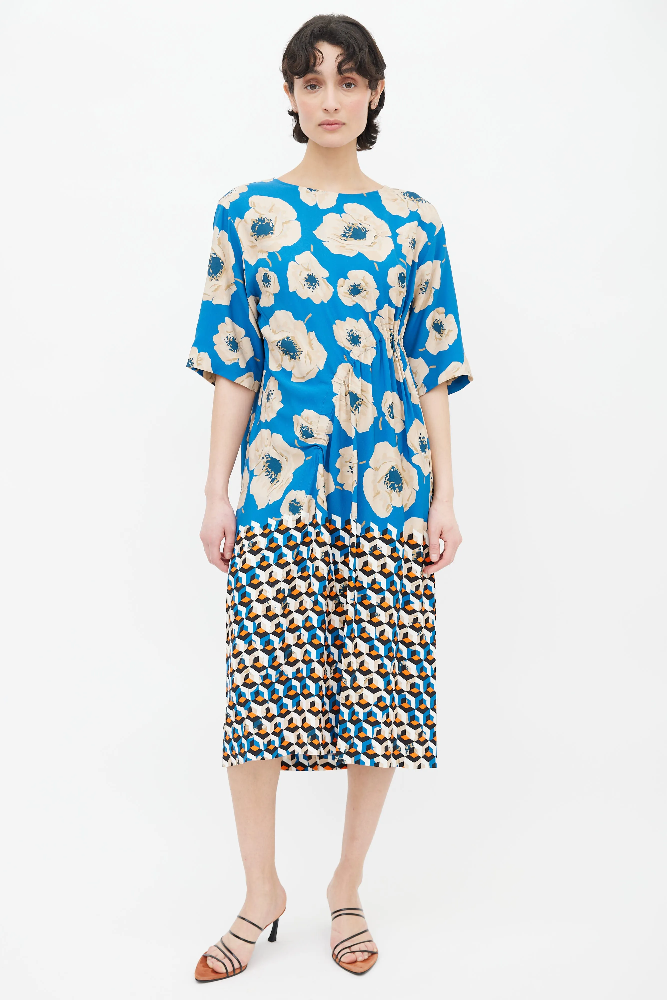 Blue, Beige & Orange Printed Floral Geometric Pattern Midi Dress