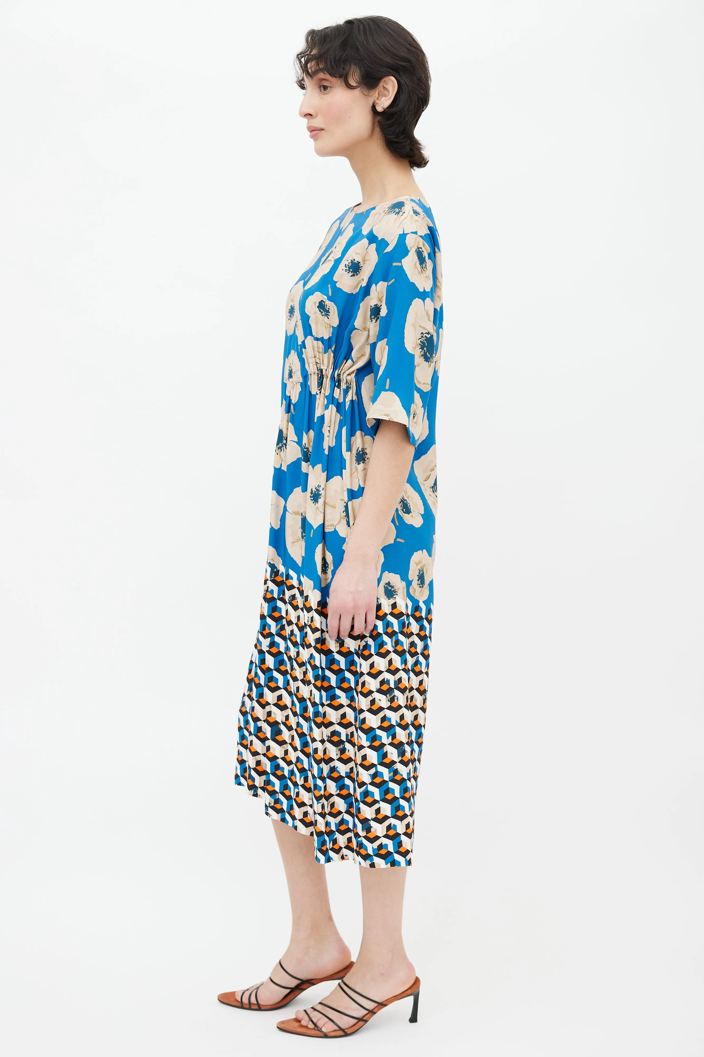 Blue, Beige & Orange Printed Floral Geometric Pattern Midi Dress