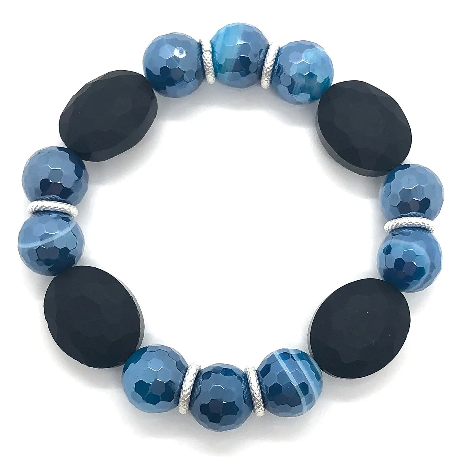 Blue Glazed Agate And Matte Black Crystal Stretch Bracelet