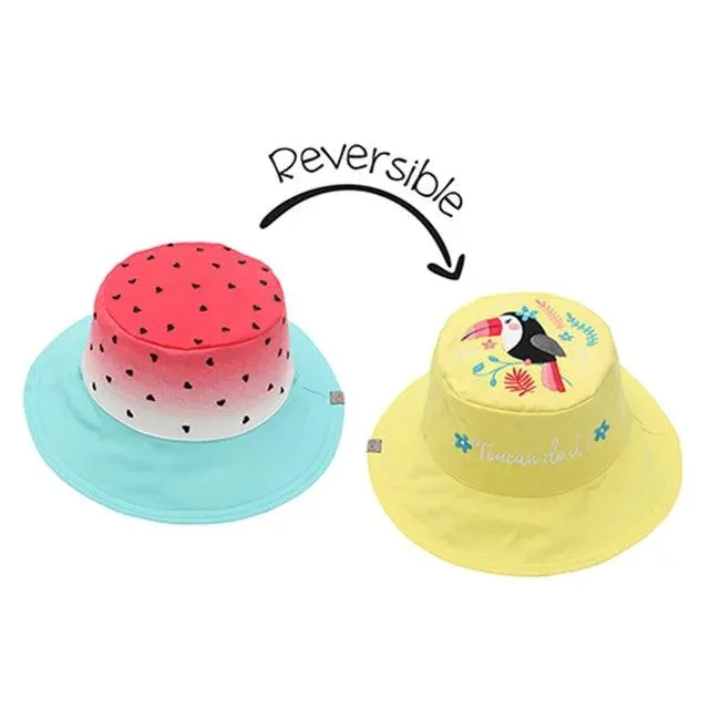 FlapJackKids UPF50 Cotton 3d Bucket Hats - Watermelon & Toucan