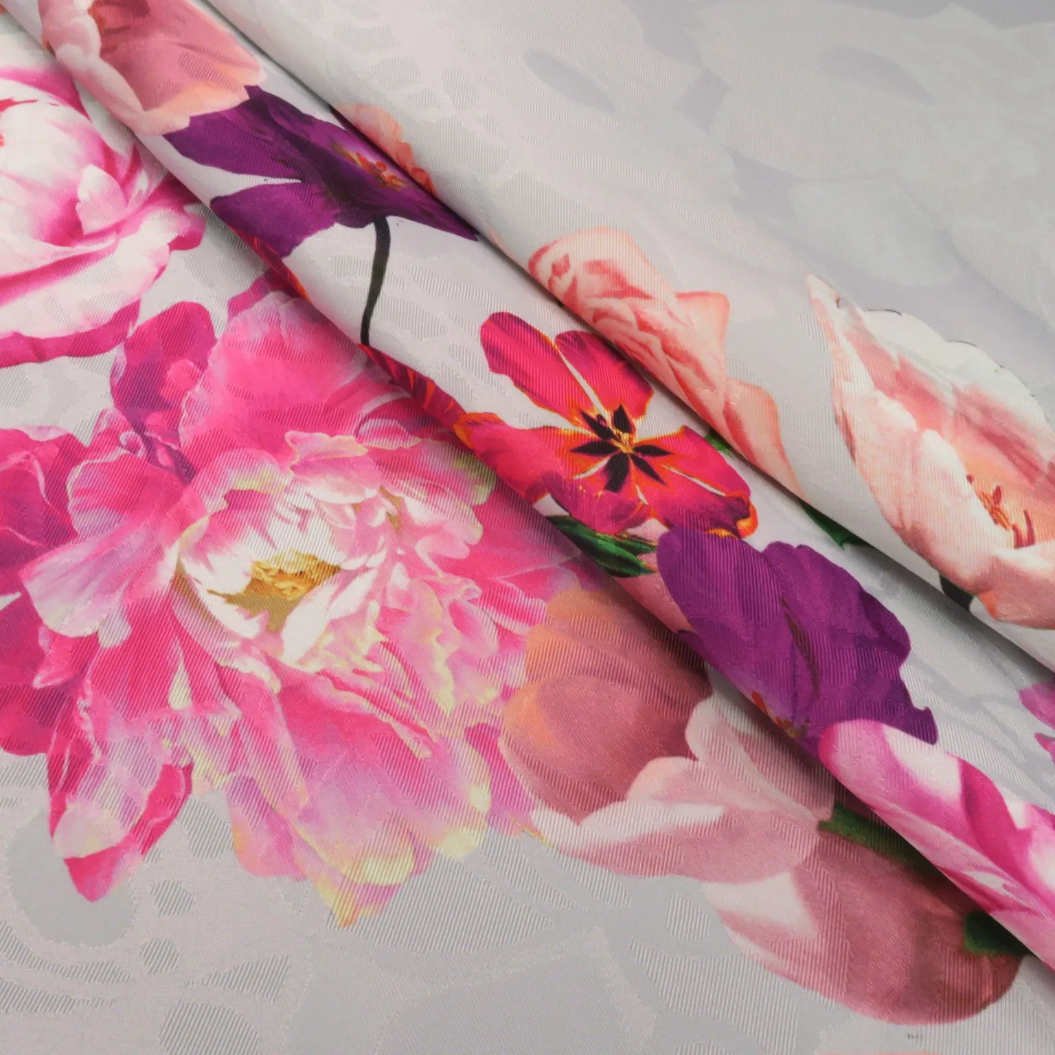 Fuchsia and Purple Floral on Grey Printed Polyester Mikado Fabric