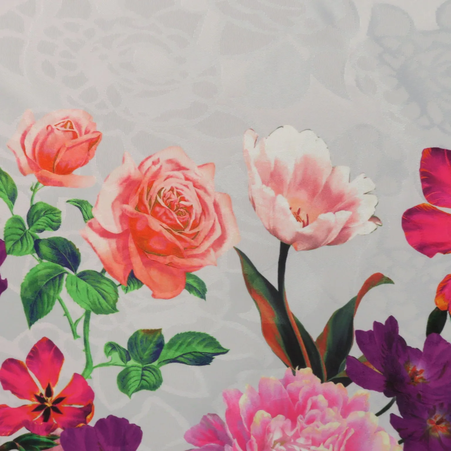 Fuchsia and Purple Floral on Grey Printed Polyester Mikado Fabric