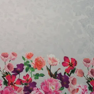 Fuchsia and Purple Floral on Grey Printed Polyester Mikado Fabric
