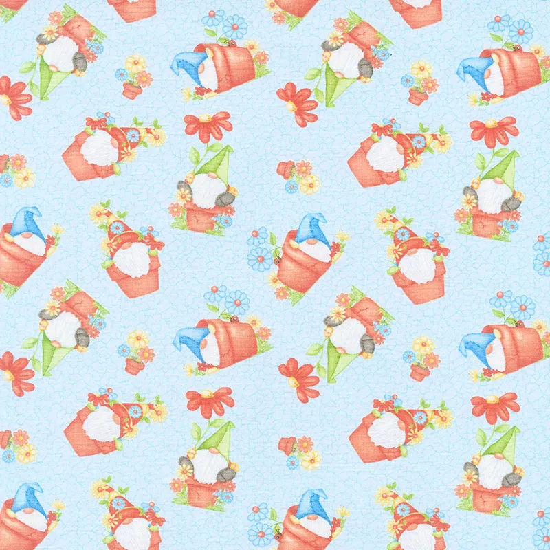 Gnome is Where Your Garden Grows - Gnomes in Clay Pots Blue Yardage
