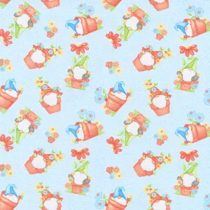 Gnome is Where Your Garden Grows - Gnomes in Clay Pots Blue Yardage