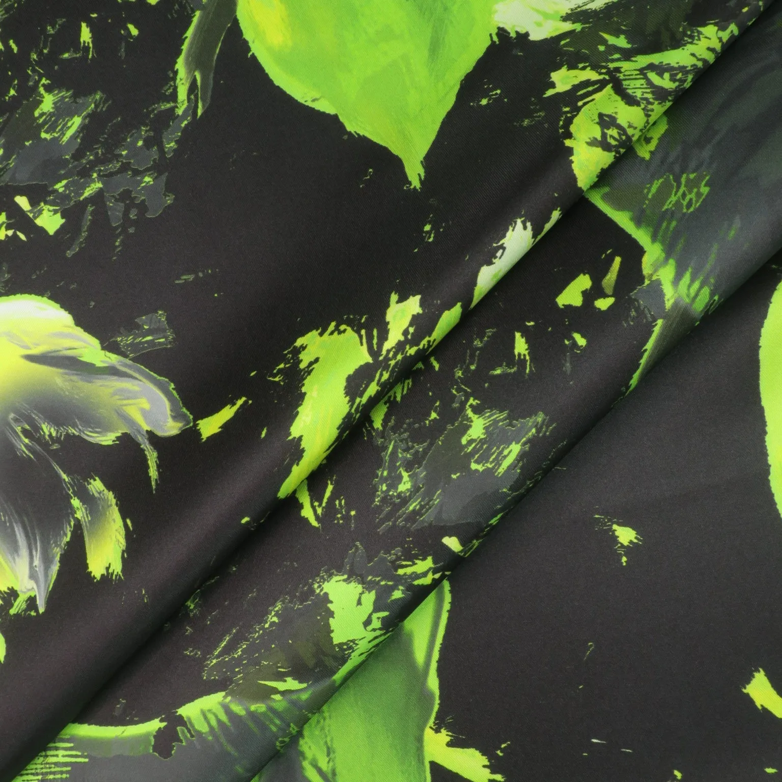 Green Floral on Black Background Printed Polyester Mikado Fabric