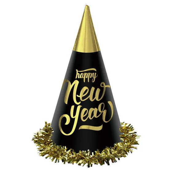 Happy New Year Black & Gold Foil Cone Hats 23cm 24pk