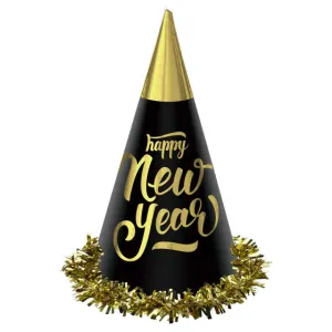 Happy New Year Black & Gold Foil Cone Hats 23cm 24pk