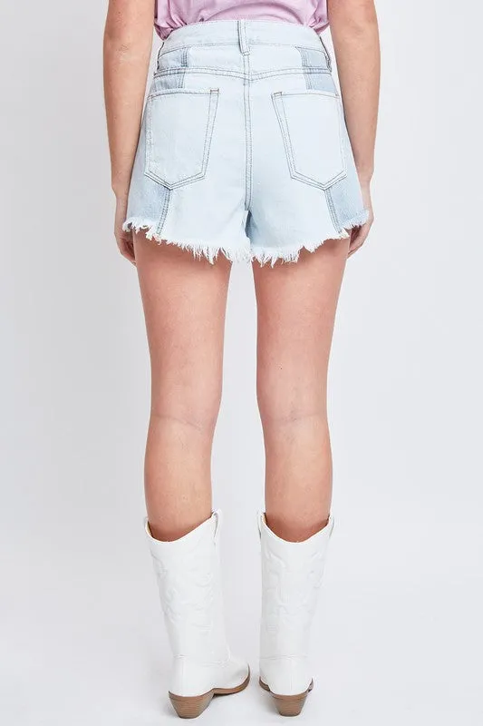 Junior High-Rise Colorblock Denim Short W/Fray Hem