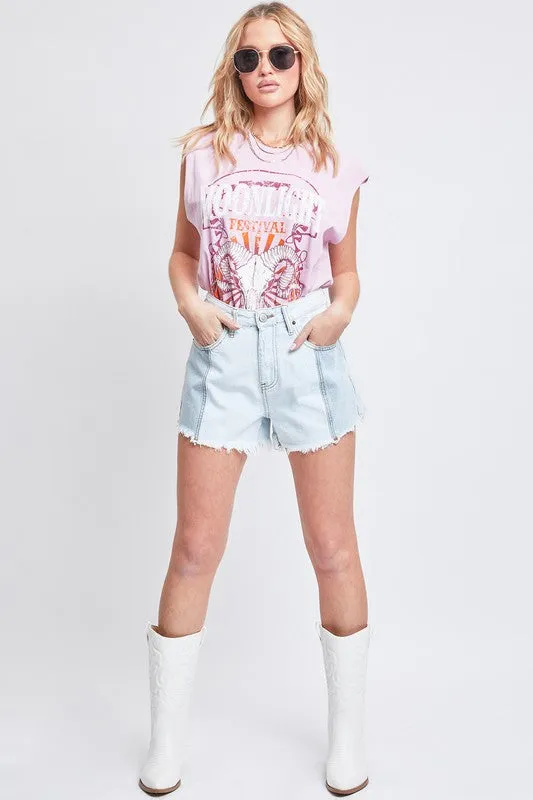 Junior High-Rise Colorblock Denim Short W/Fray Hem