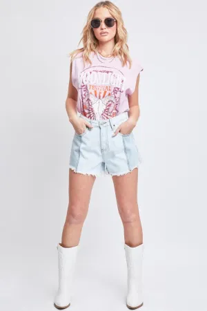 Junior High-Rise Colorblock Denim Short W/Fray Hem