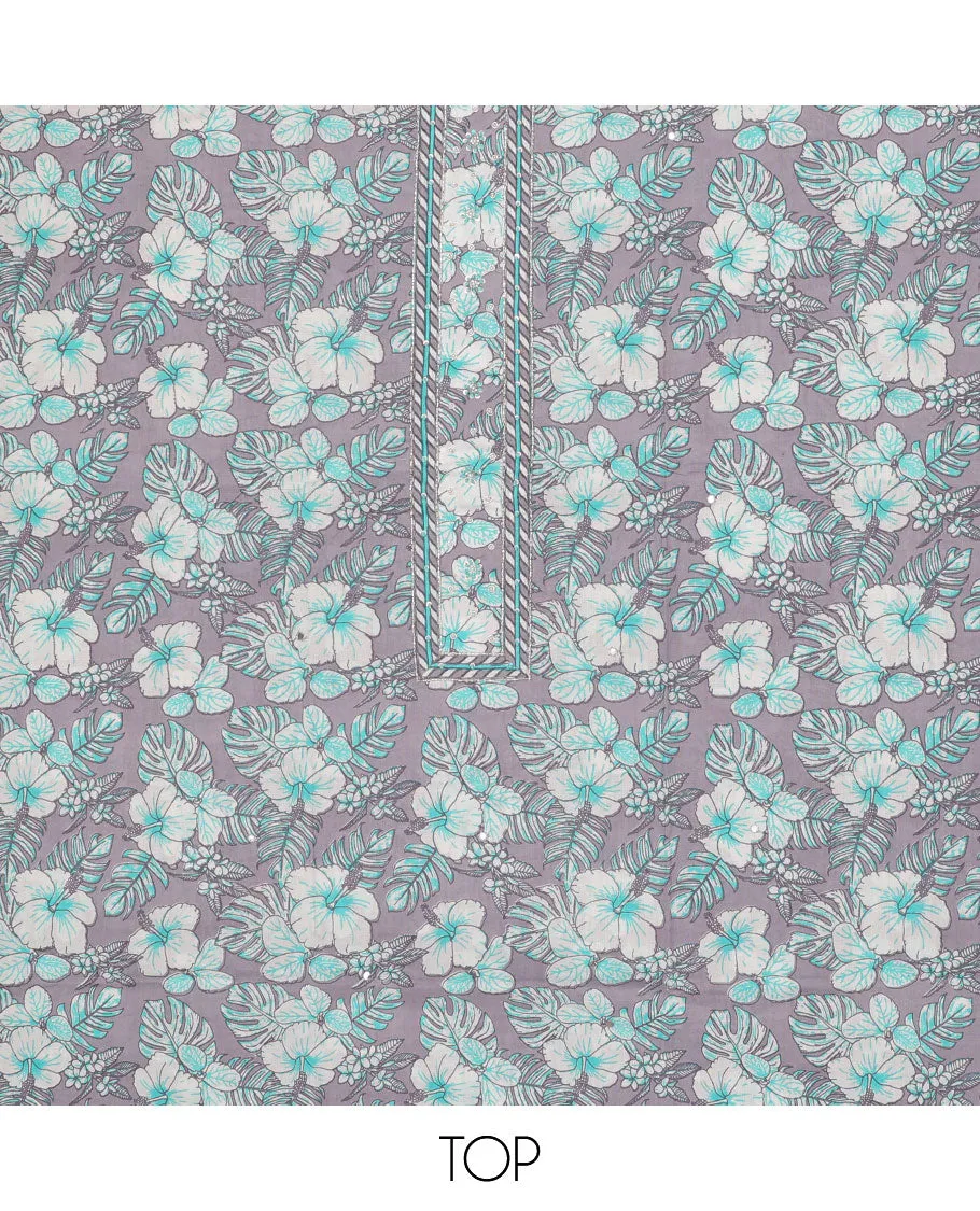 Lavender chudidar material,floral vine print top,contrast geometric printed bottom & floral & geometric printed dupatta