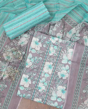 Lavender chudidar material,floral vine print top,contrast geometric printed bottom & floral & geometric printed dupatta