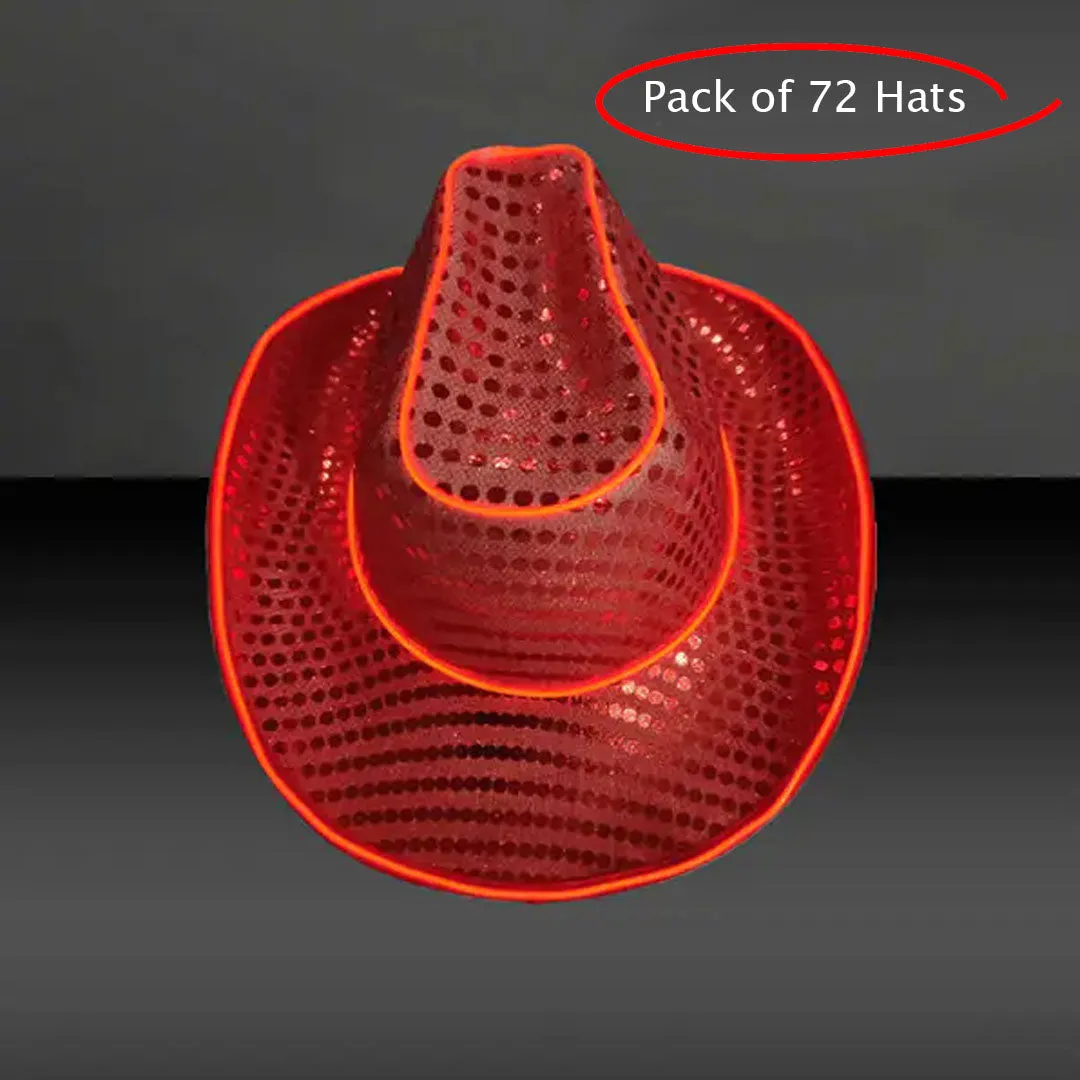LED Flashing Red EL Wire Sequin Cowboy Party Hat - Pack of 72 Hats