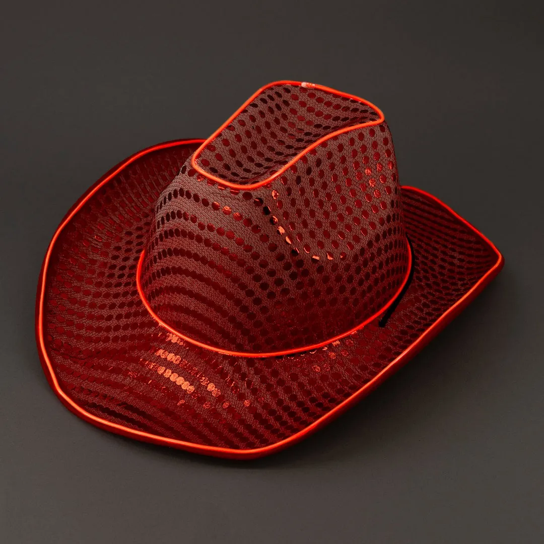 LED Flashing Red EL Wire Sequin Cowboy Party Hat - Pack of 72 Hats
