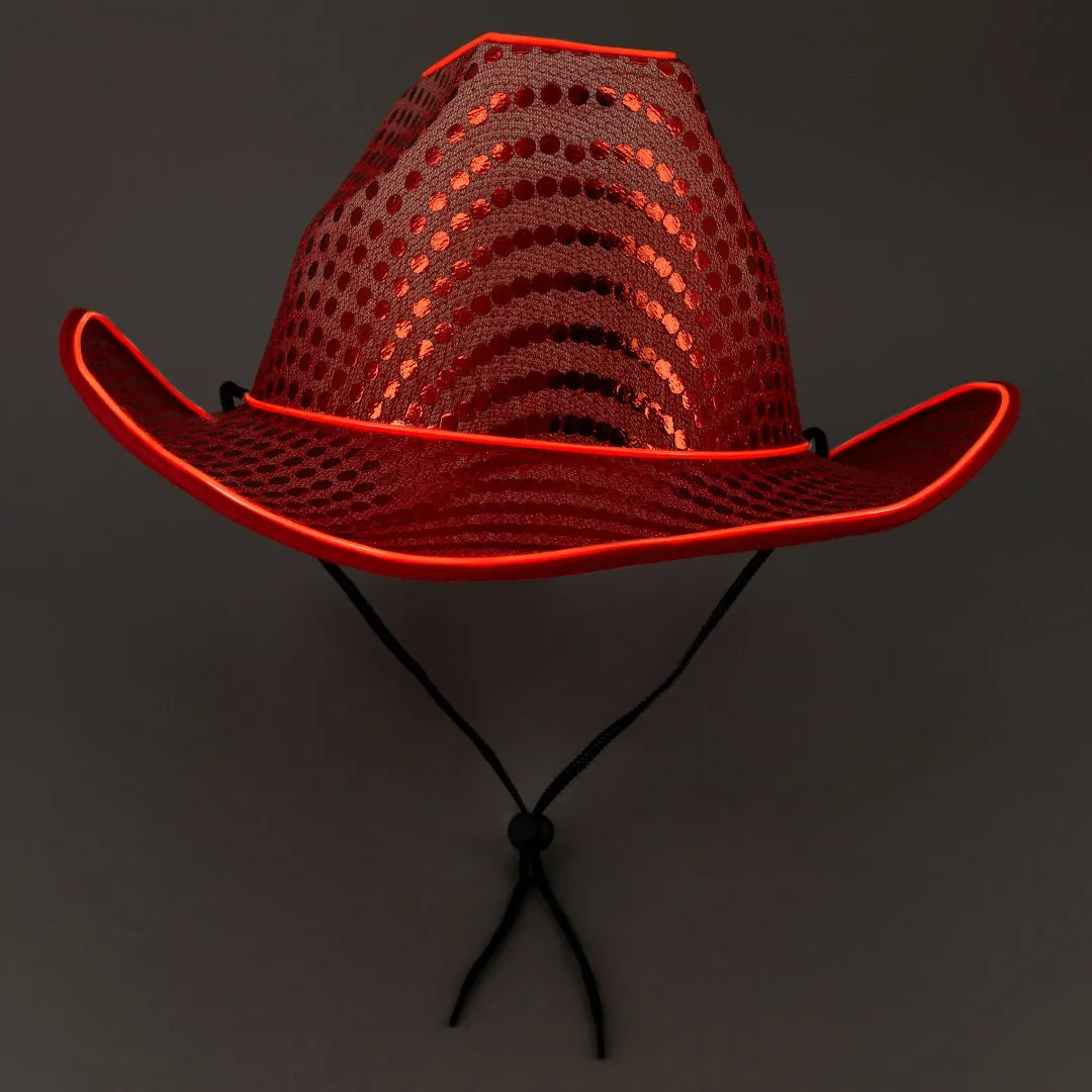 LED Flashing Red EL Wire Sequin Cowboy Party Hat - Pack of 72 Hats
