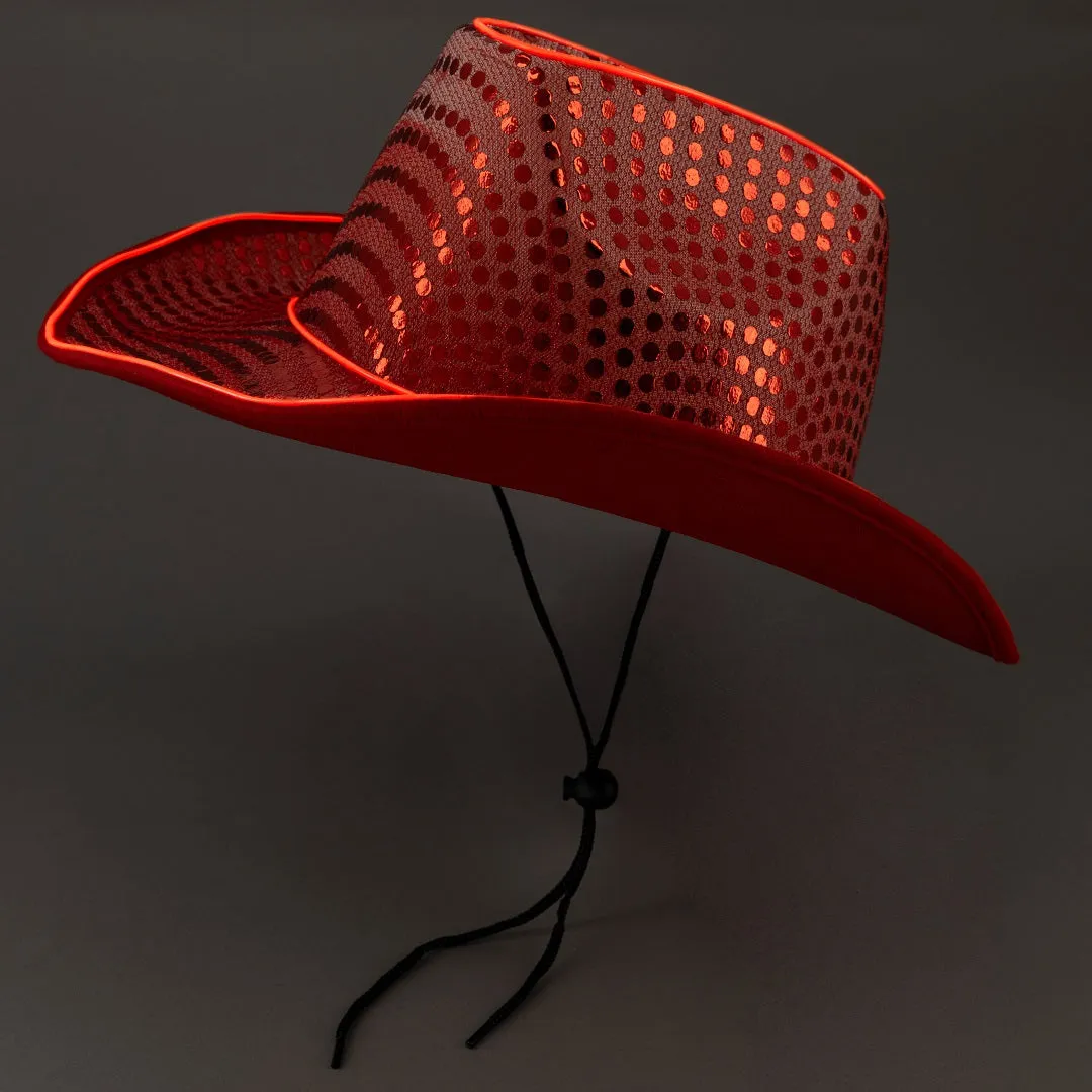 LED Flashing Red EL Wire Sequin Cowboy Party Hat - Pack of 72 Hats