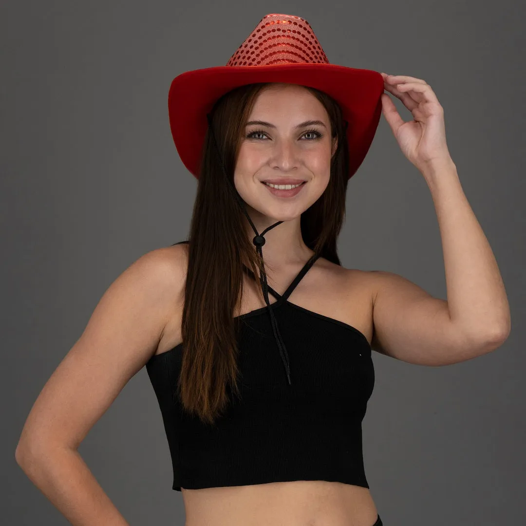 LED Flashing Red EL Wire Sequin Cowboy Party Hat - Pack of 72 Hats