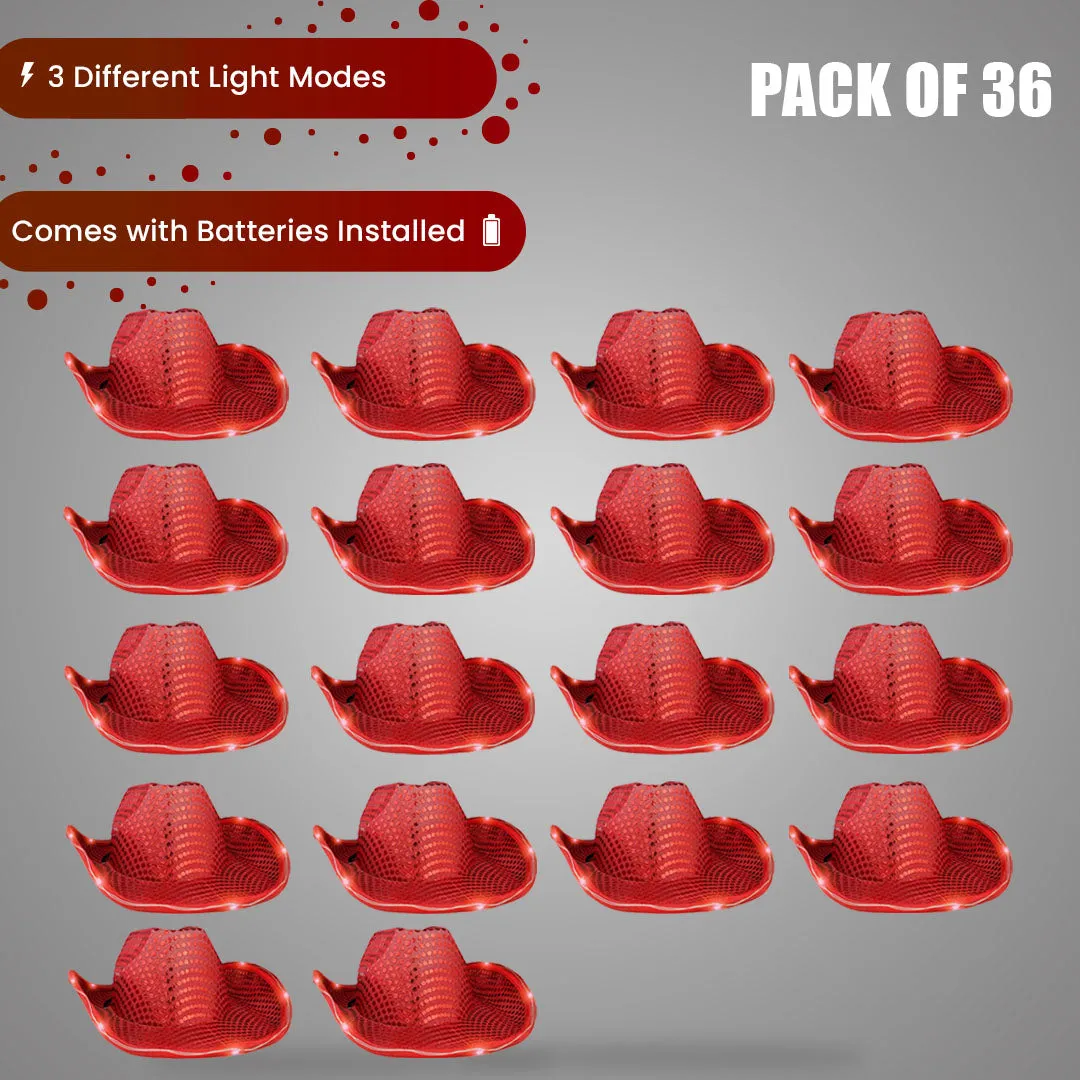 LED Light Up Flashing Sequin Red Cowboy Hat - Pack of 36 Hats