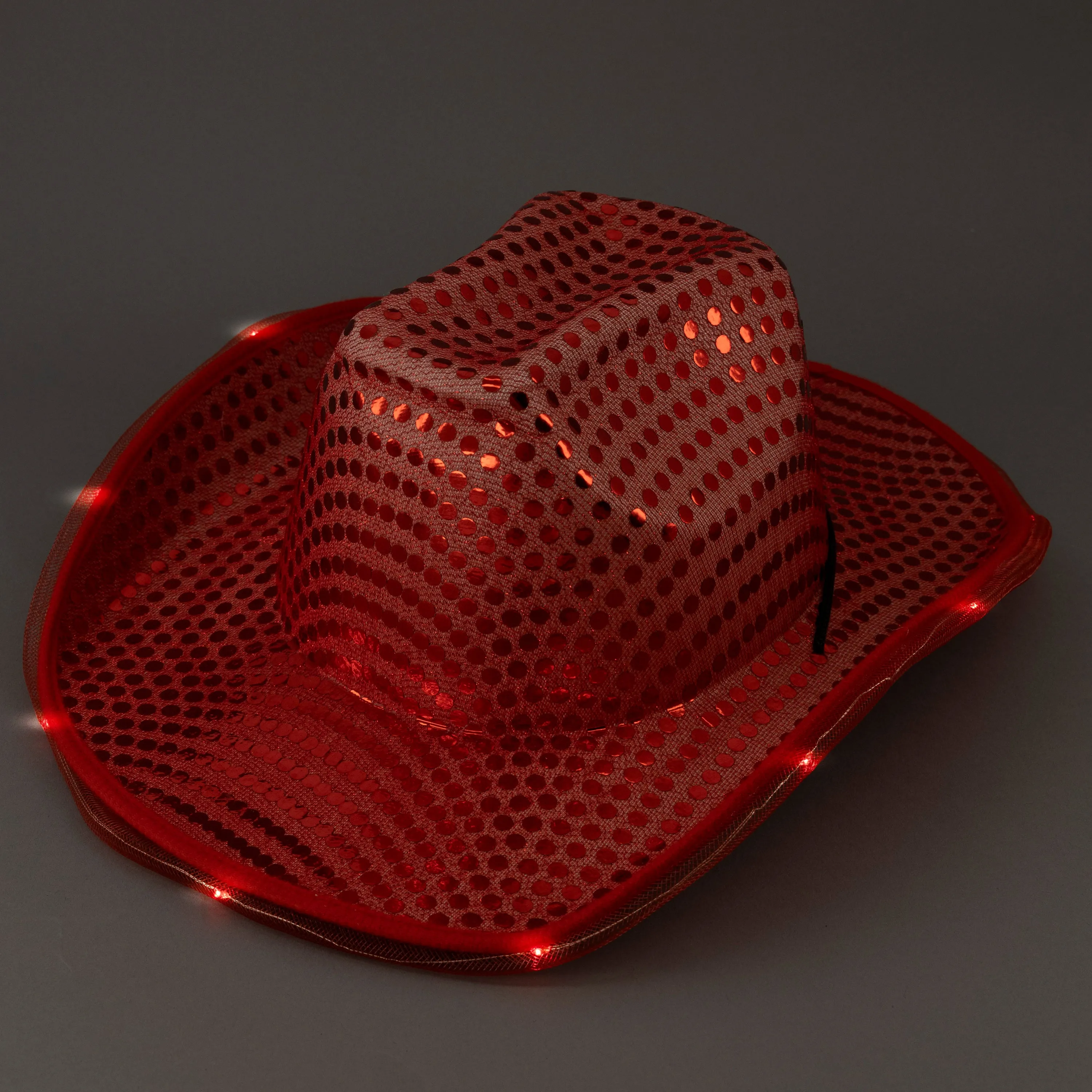 LED Light Up Flashing Sequin Red Cowboy Hats - Pack of 12