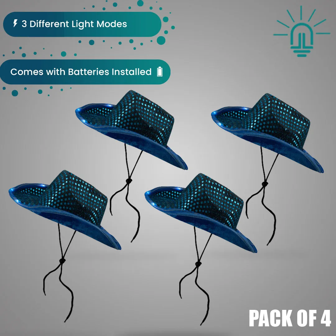 LED Light Up Flashing Sequin Teal Cowboy Hat - Pack of 4 Hats