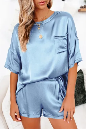 Light Blue 2 Pieces Satin Sleepwear Set