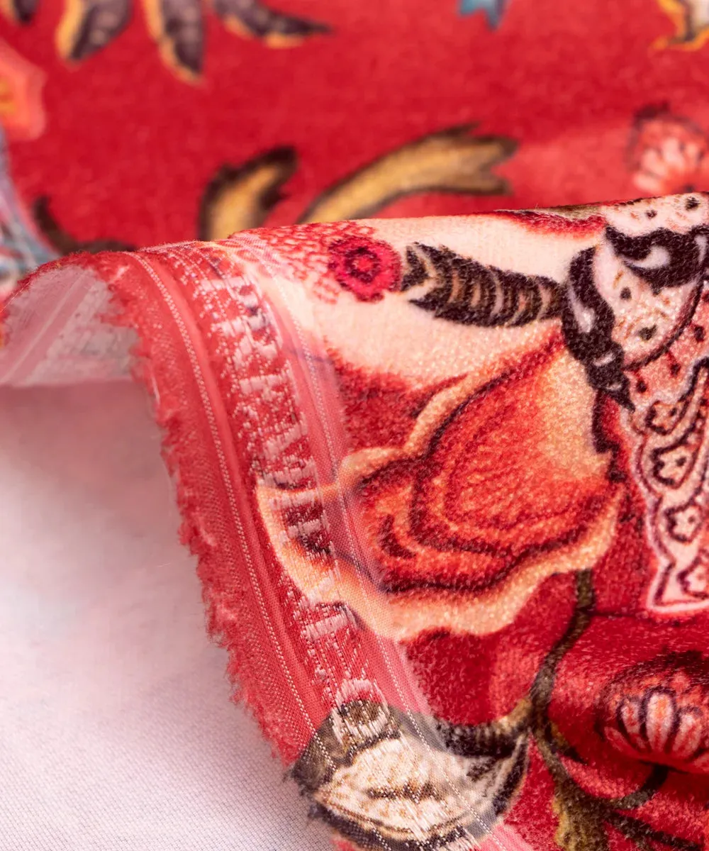 Maroon Floral Digital Print Velvet Fabric