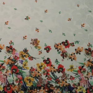 Multicolored Floral on White Printed Polyester Mikado Fabric