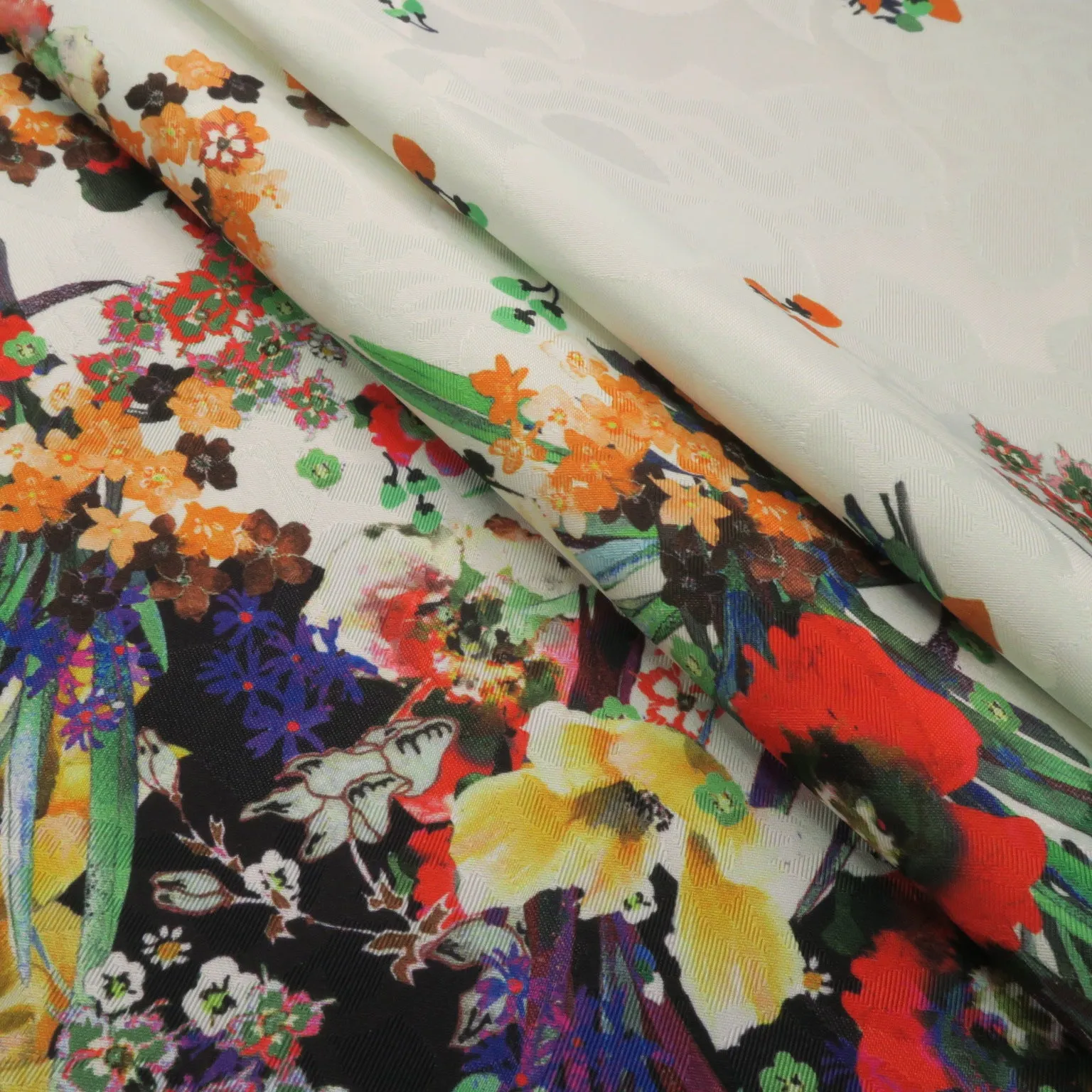 Multicolored Floral on White Printed Polyester Mikado Fabric