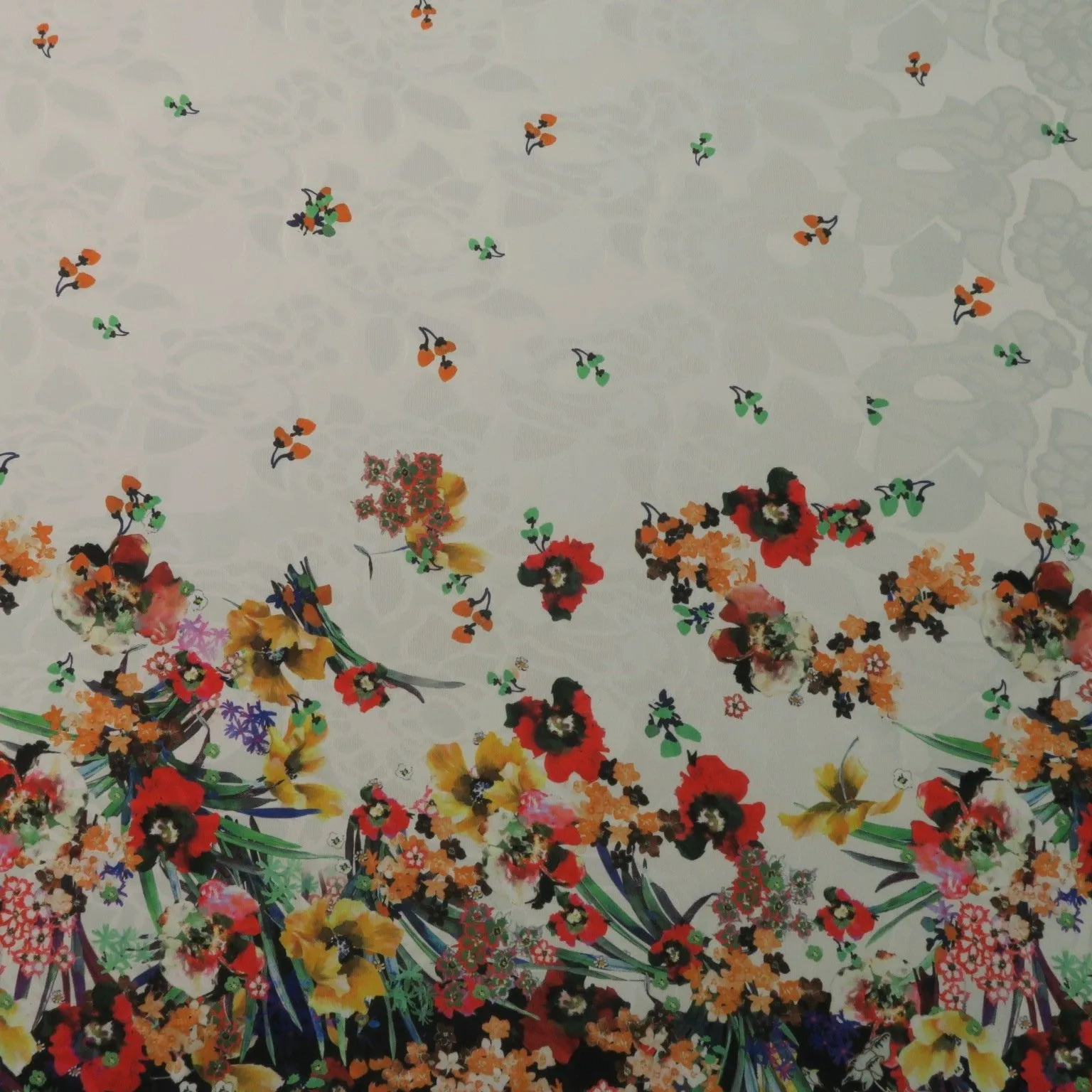 Multicolored Floral on White Printed Polyester Mikado Fabric