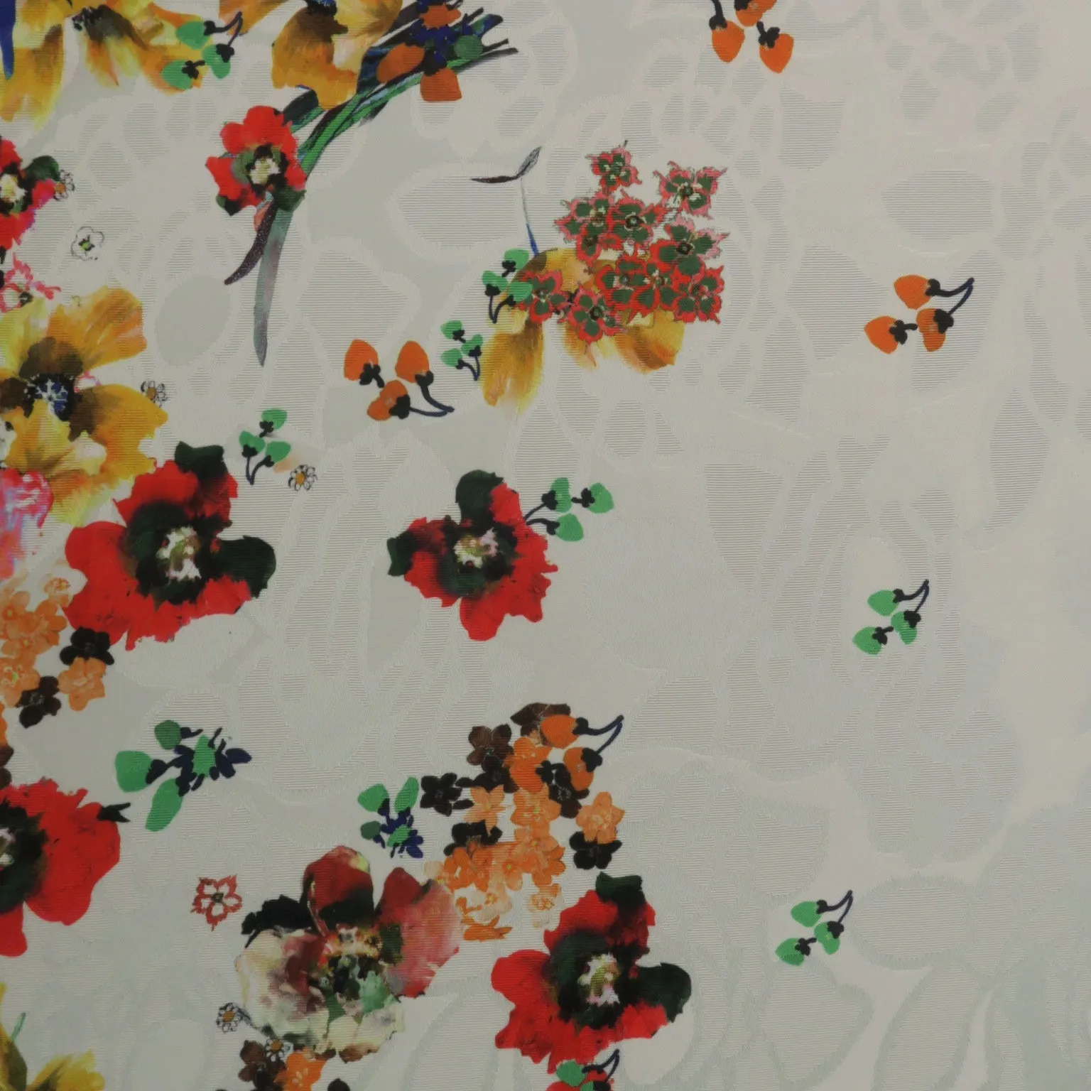 Multicolored Floral on White Printed Polyester Mikado Fabric