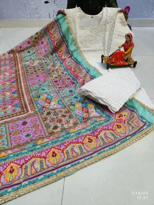 Pastel Blue and Pink multicolor Chikankari Elegance - Pakistani Dupatta & Kurti Palazzo Set