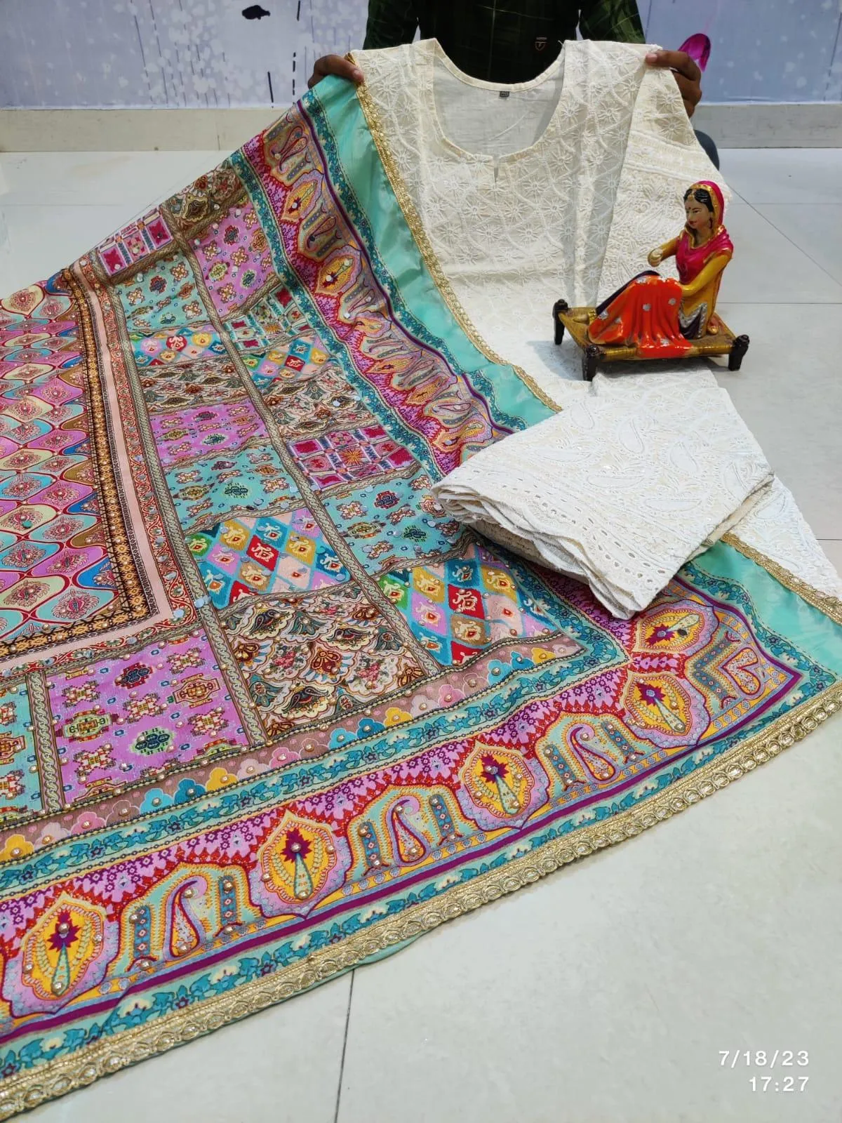 Pastel Blue and Pink multicolor Chikankari Elegance - Pakistani Dupatta & Kurti Palazzo Set
