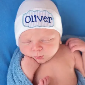 Personalized Blue White Seersucker Name Newborn BOY White Hospital Hat