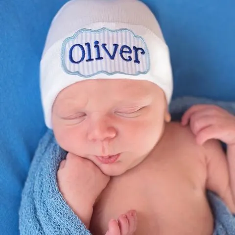 Personalized Blue White Seersucker Name Newborn BOY White Hospital Hat