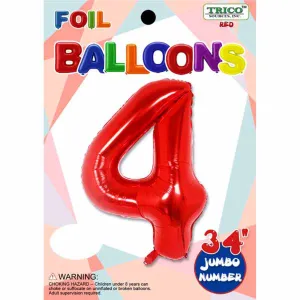 "Red Number #4 Foil Balloon - 34 Inches Tall"