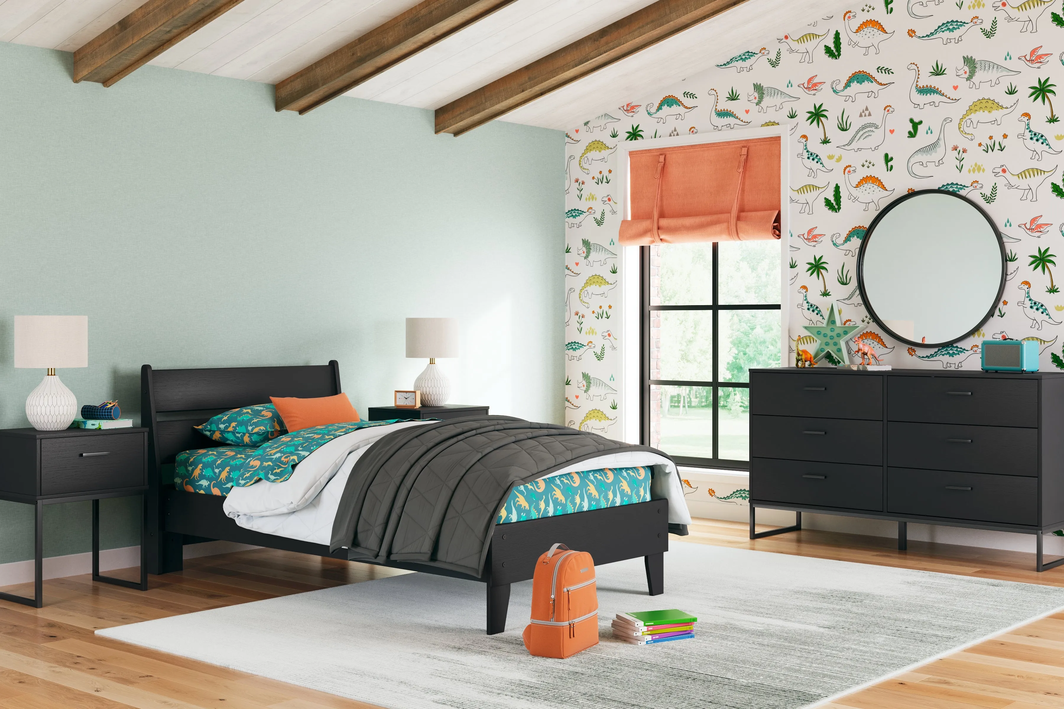 Socalle Twin Panel Platform Bed with Dresser, Chest and 2 Nightstands in Black