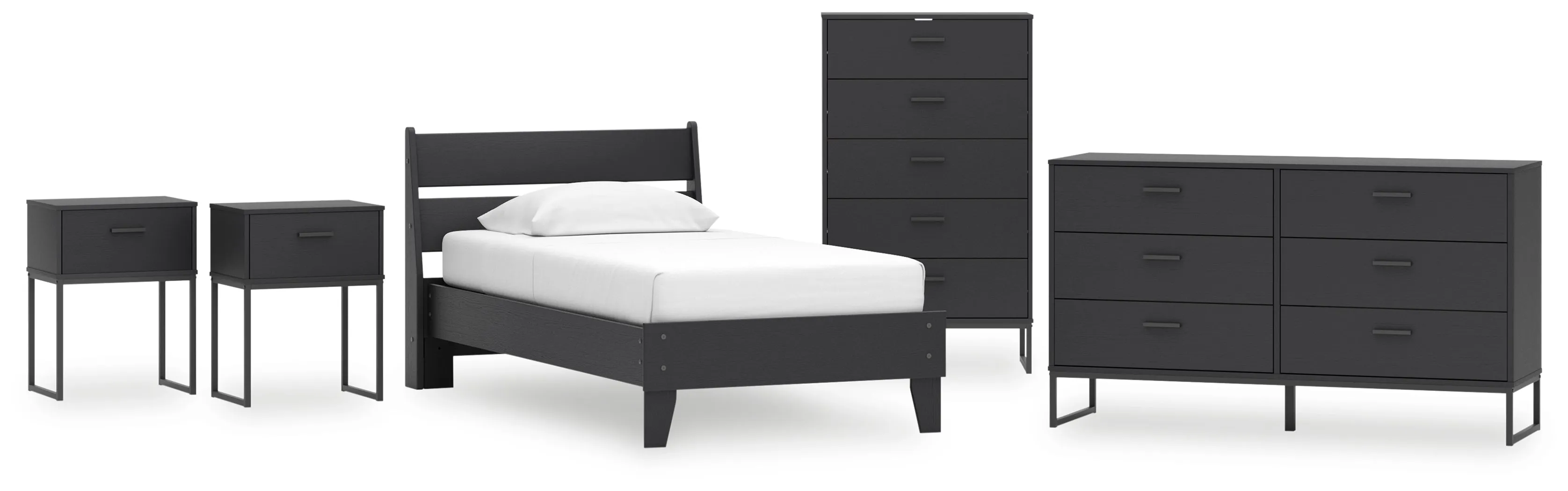 Socalle Twin Panel Platform Bed with Dresser, Chest and 2 Nightstands in Black