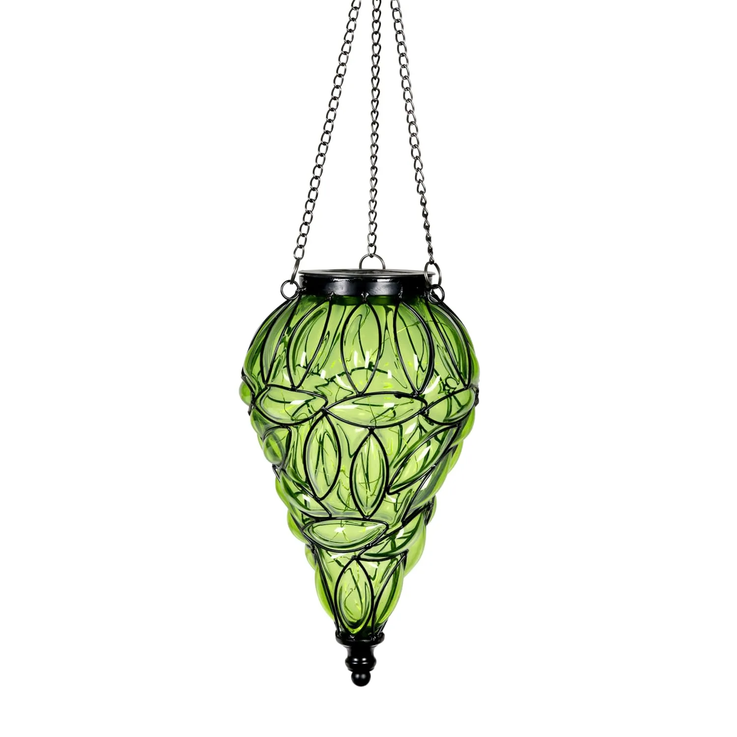 Solar Tear Shaped Glass and Metal Hanging Lantern in Green with 15 Cool White LED Fairy Firefly String Lights, 7 by 24 Inches