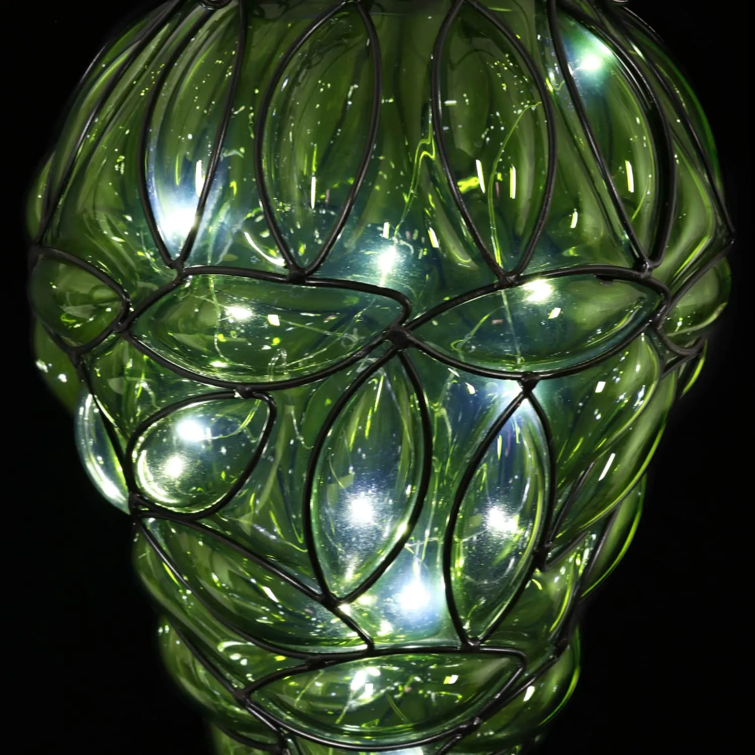 Solar Tear Shaped Glass and Metal Hanging Lantern in Green with 15 Cool White LED Fairy Firefly String Lights, 7 by 24 Inches