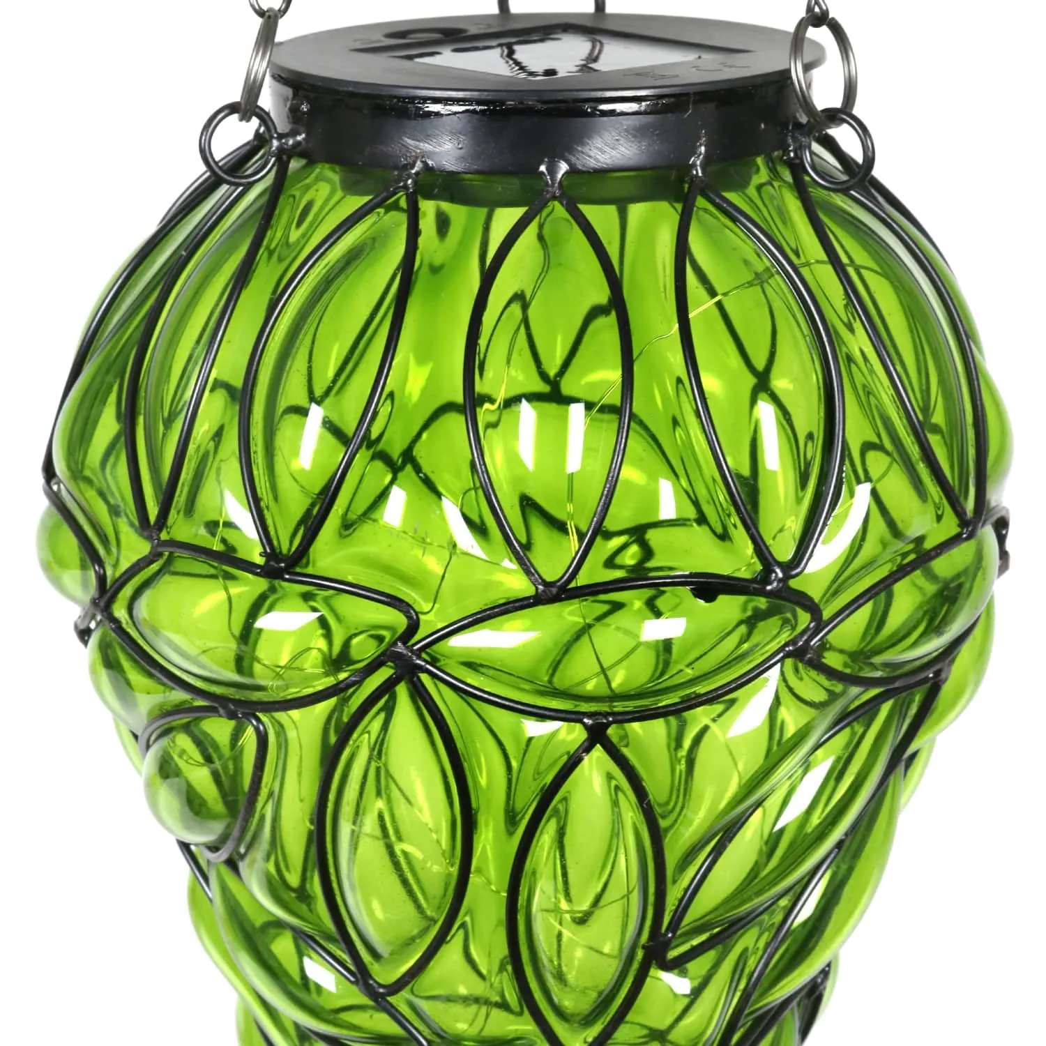 Solar Tear Shaped Glass and Metal Hanging Lantern in Green with 15 Cool White LED Fairy Firefly String Lights, 7 by 24 Inches