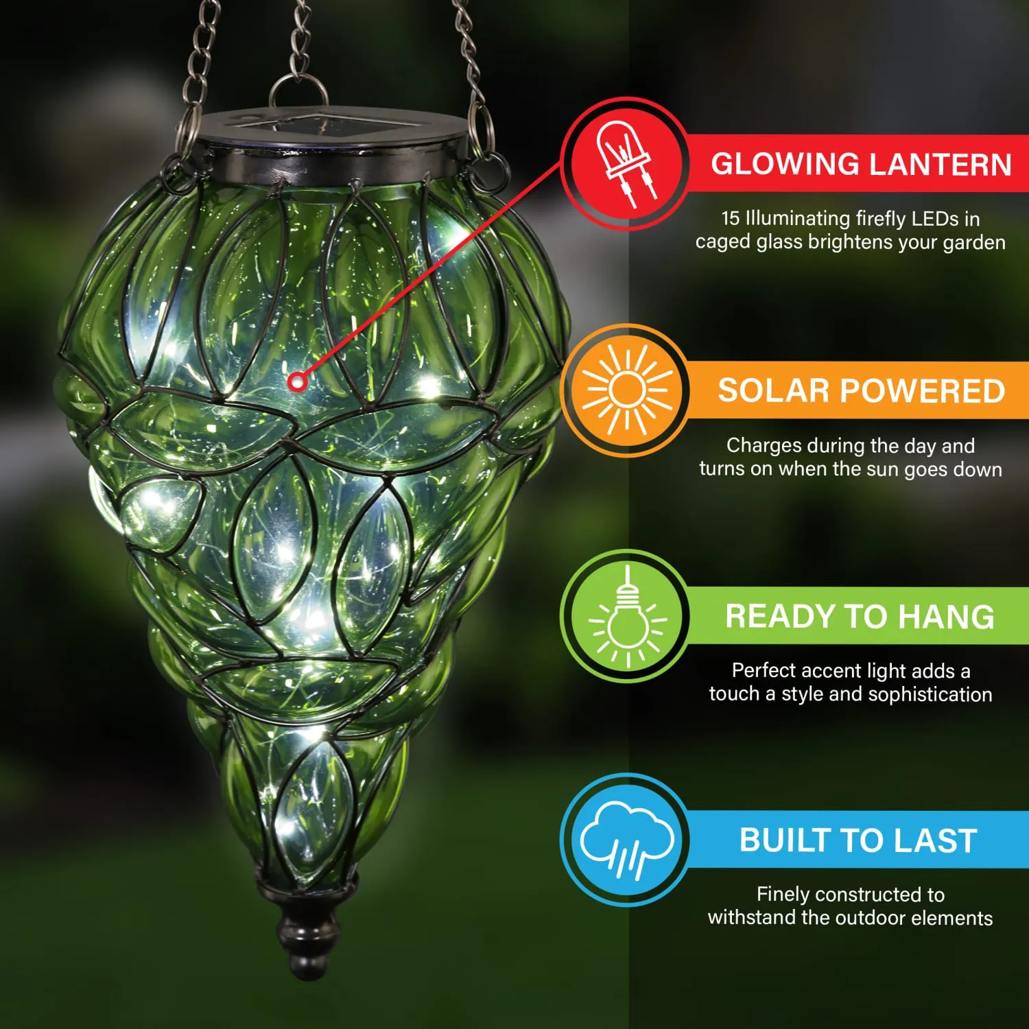 Solar Tear Shaped Glass and Metal Hanging Lantern in Green with 15 Cool White LED Fairy Firefly String Lights, 7 by 24 Inches