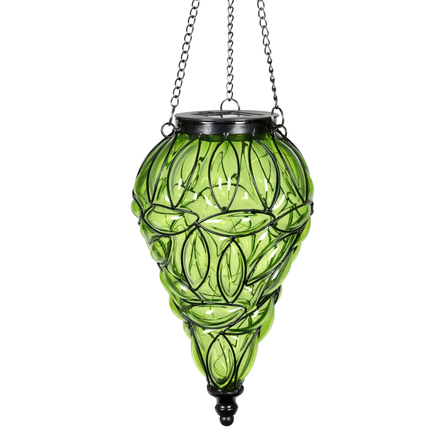 Solar Tear Shaped Glass and Metal Hanging Lantern in Green with 15 Cool White LED Fairy Firefly String Lights, 7 by 24 Inches
